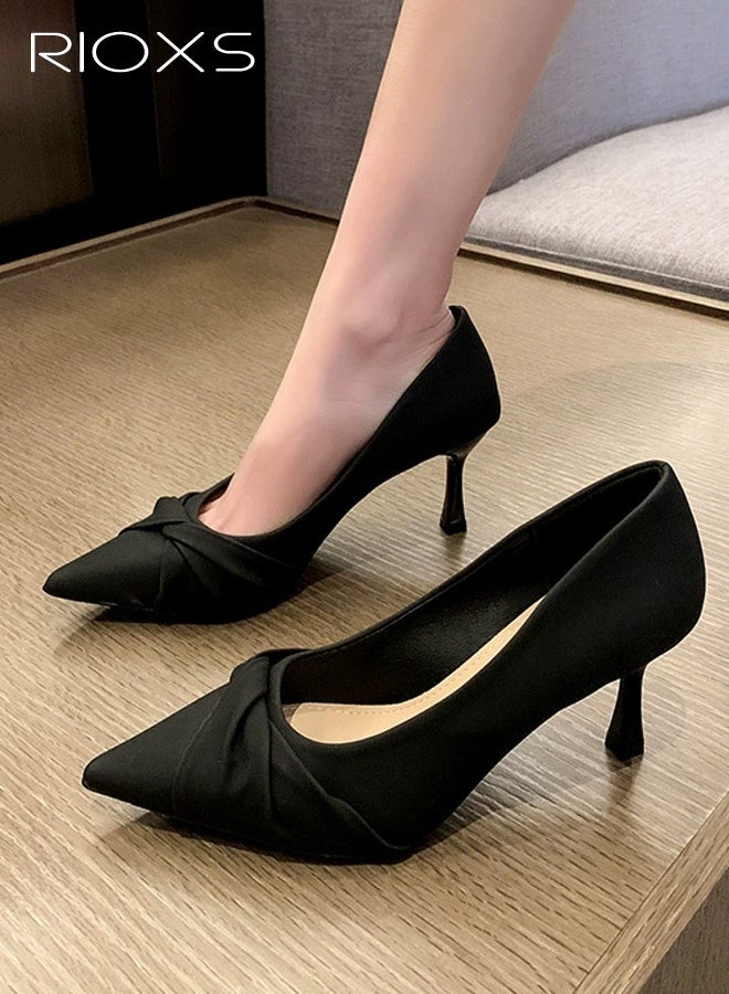 RIOXS Elegant Women's High Heels, Classic Open-Balm Design with Slim Heel for Girls, Fashionable Pointed Toe in Solid Colour with Bow, Comfortable 7cm Heel for Meeting, Outdoor Activities, Dating, Vacation, Daily Life, Black - Image 1